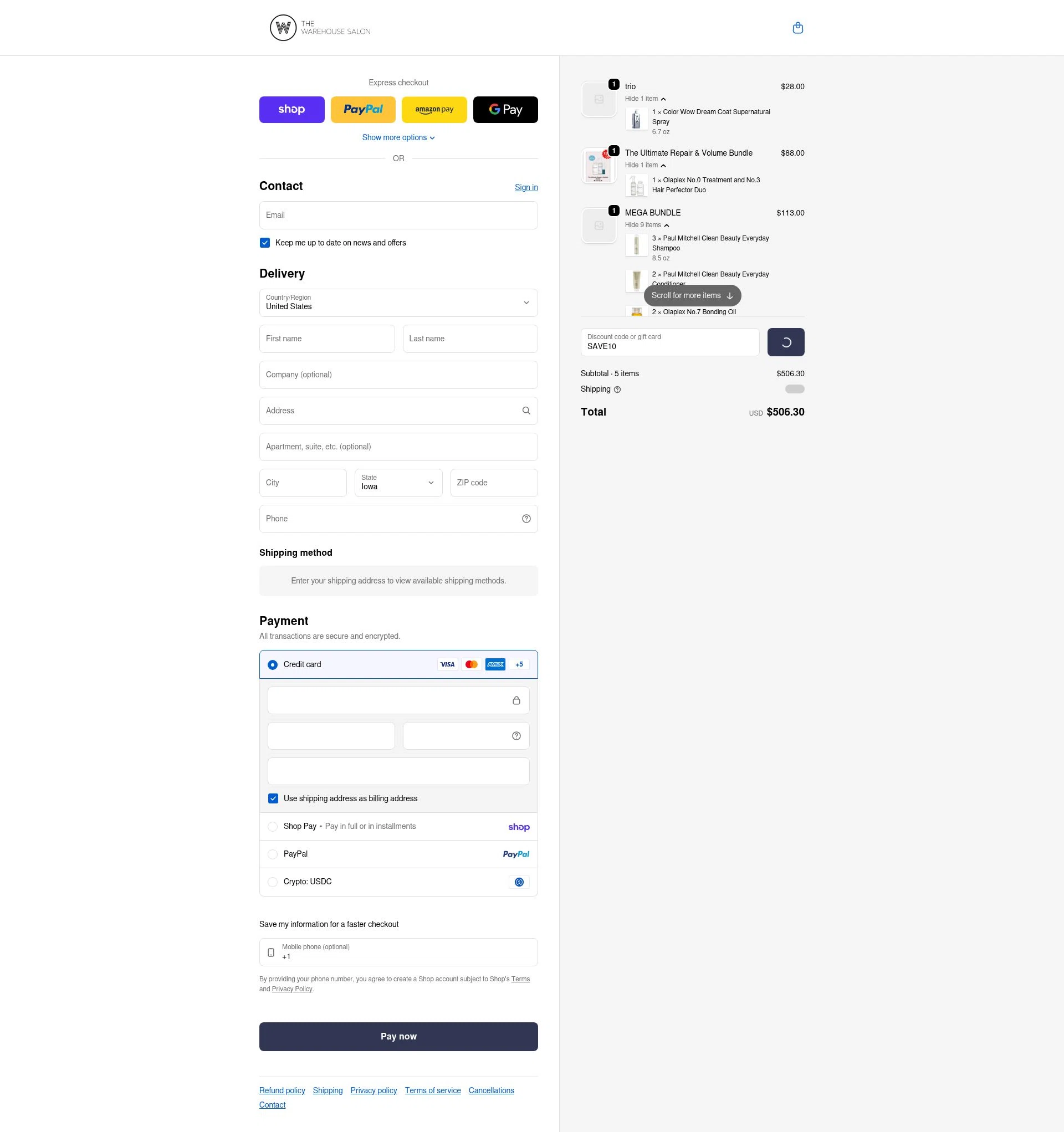The Warehouse Salon checkout page showing The Warehouse Salon coupon code box | Screenshot taken by SimplyCodes community member on Feb 11, 2026