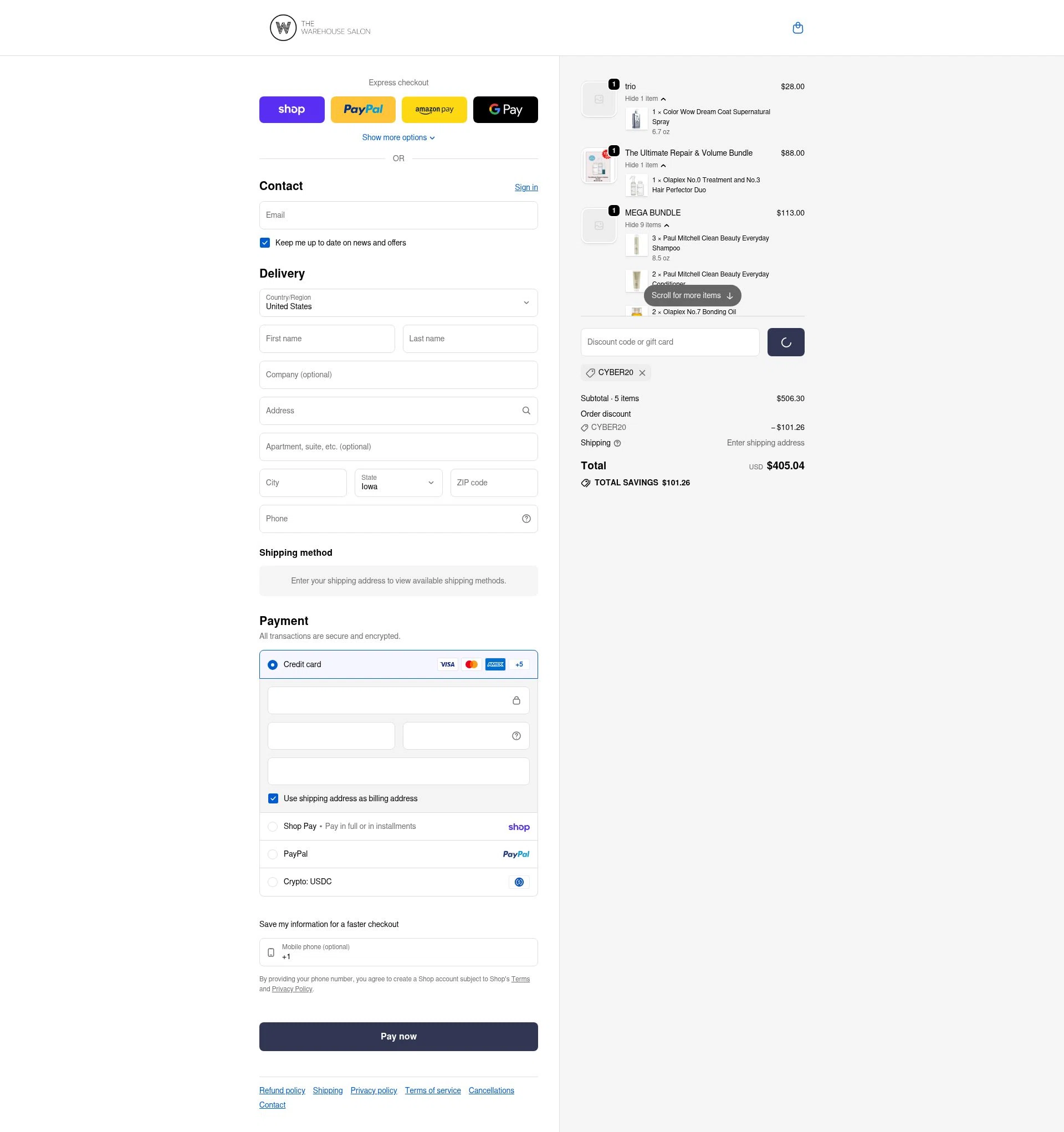 The Warehouse Salon checkout page showing The Warehouse Salon coupon code box | Screenshot taken by SimplyCodes community member on Feb 11, 2026