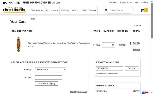 Warehouse Skateboards checkout page showing Warehouse Skateboards promo code box | Screenshot taken by SimplyCodes community member on Aug 24, 2025