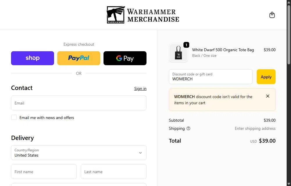 Warhammer checkout page showing Warhammer promo code box | Screenshot taken by SimplyCodes community member on Nov 29, 2025