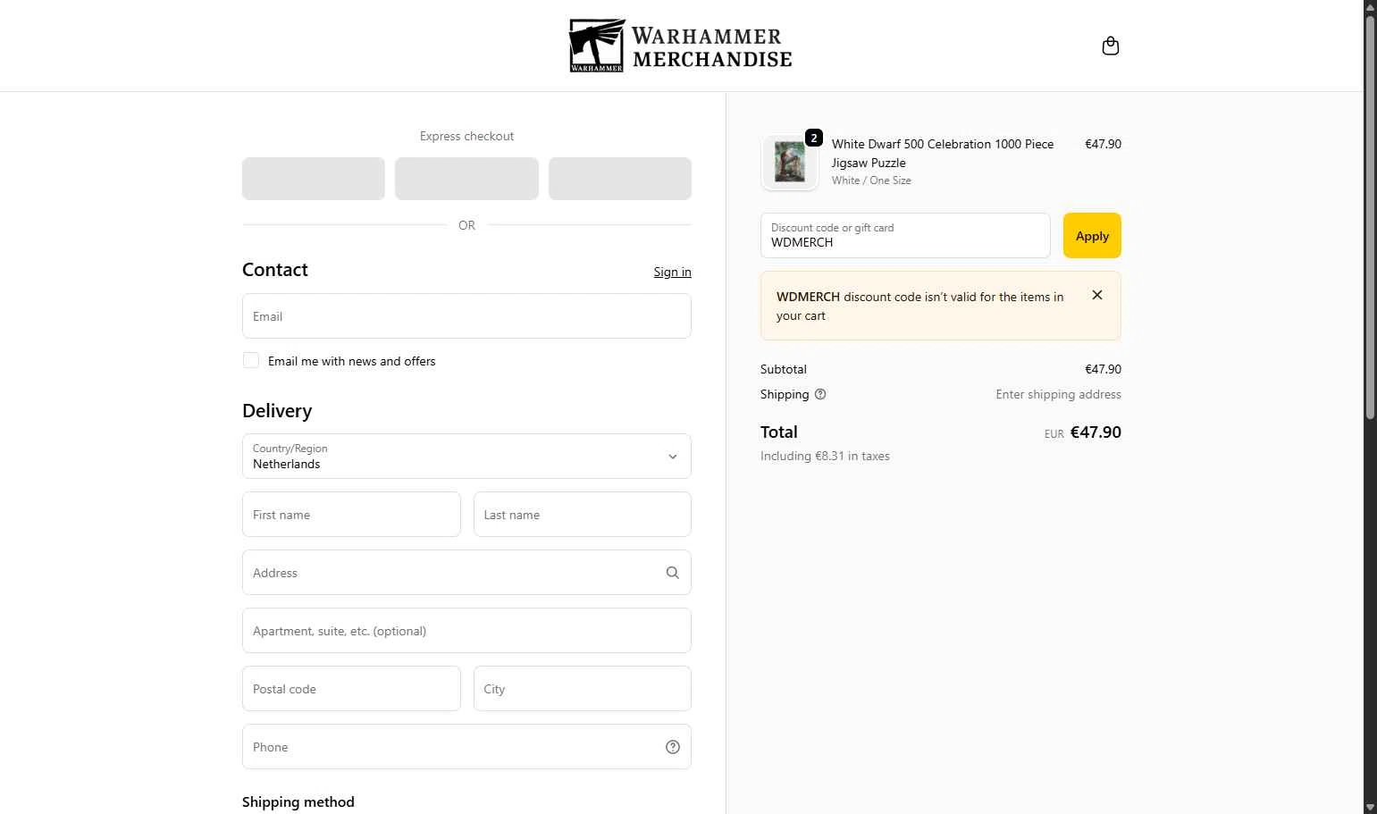 Warhammer checkout page showing Warhammer promo code box | Screenshot taken by SimplyCodes community member on Oct 6, 2025