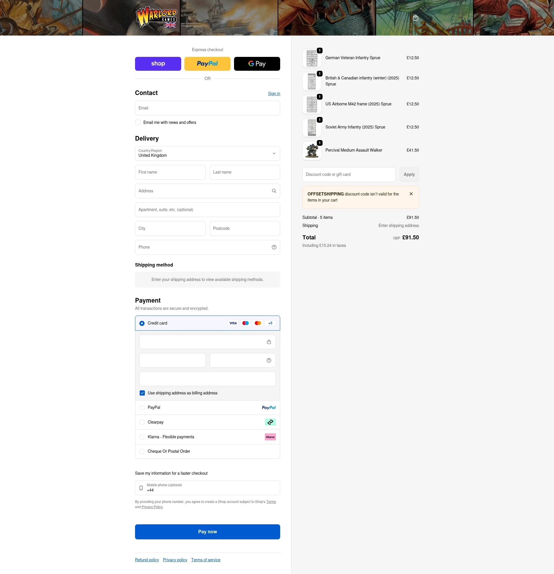 Warlord Games checkout page showing Warlord Games discount code box | Screenshot taken by SimplyCodes community member on Feb 7, 2026