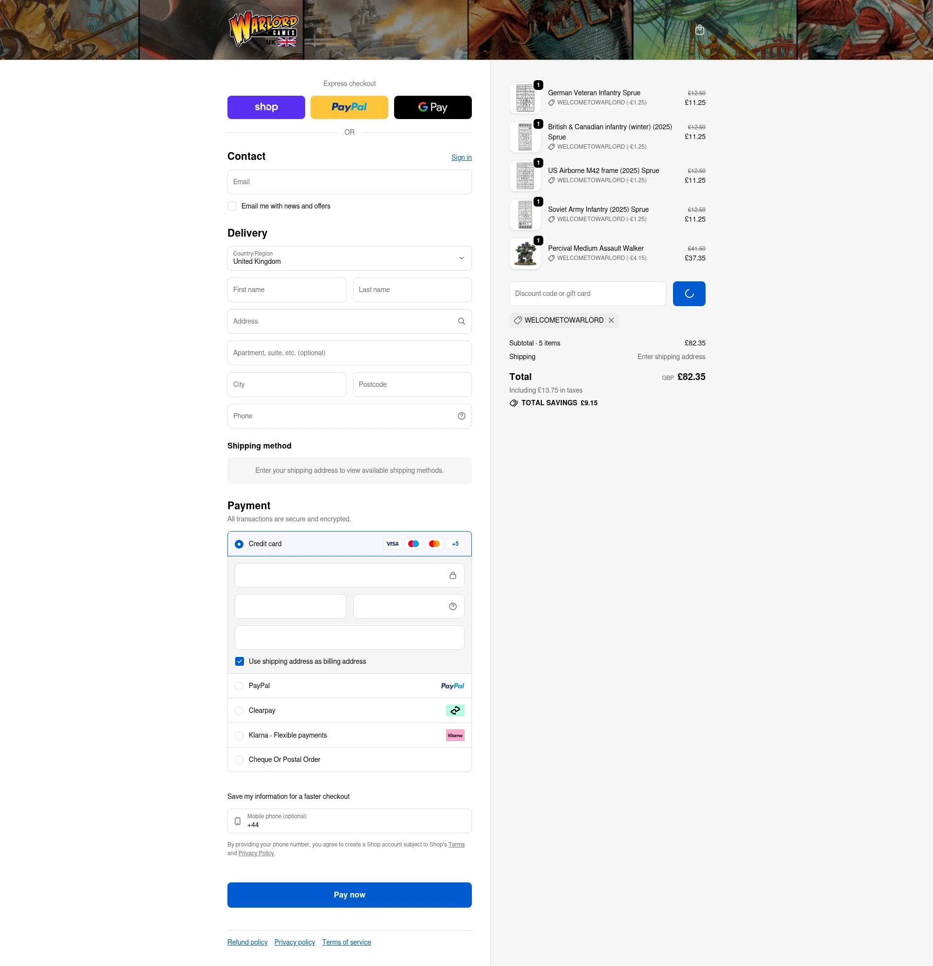 Warlord Games checkout page showing Warlord Games discount code box | Screenshot taken by SimplyCodes community member on Feb 2, 2026