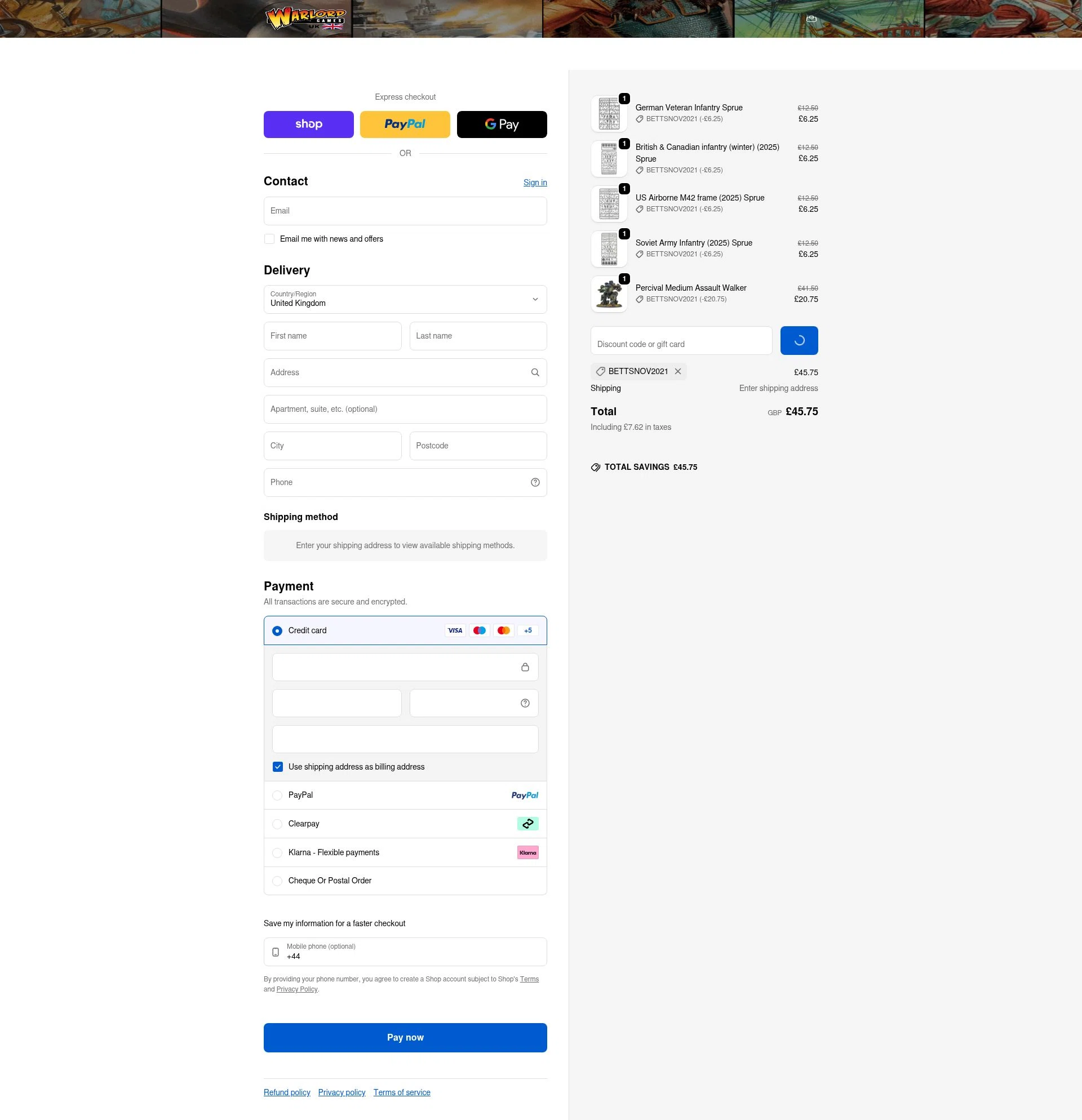 Warlord Games checkout page showing Warlord Games discount code box | Screenshot taken by SimplyCodes community member on Feb 2, 2026