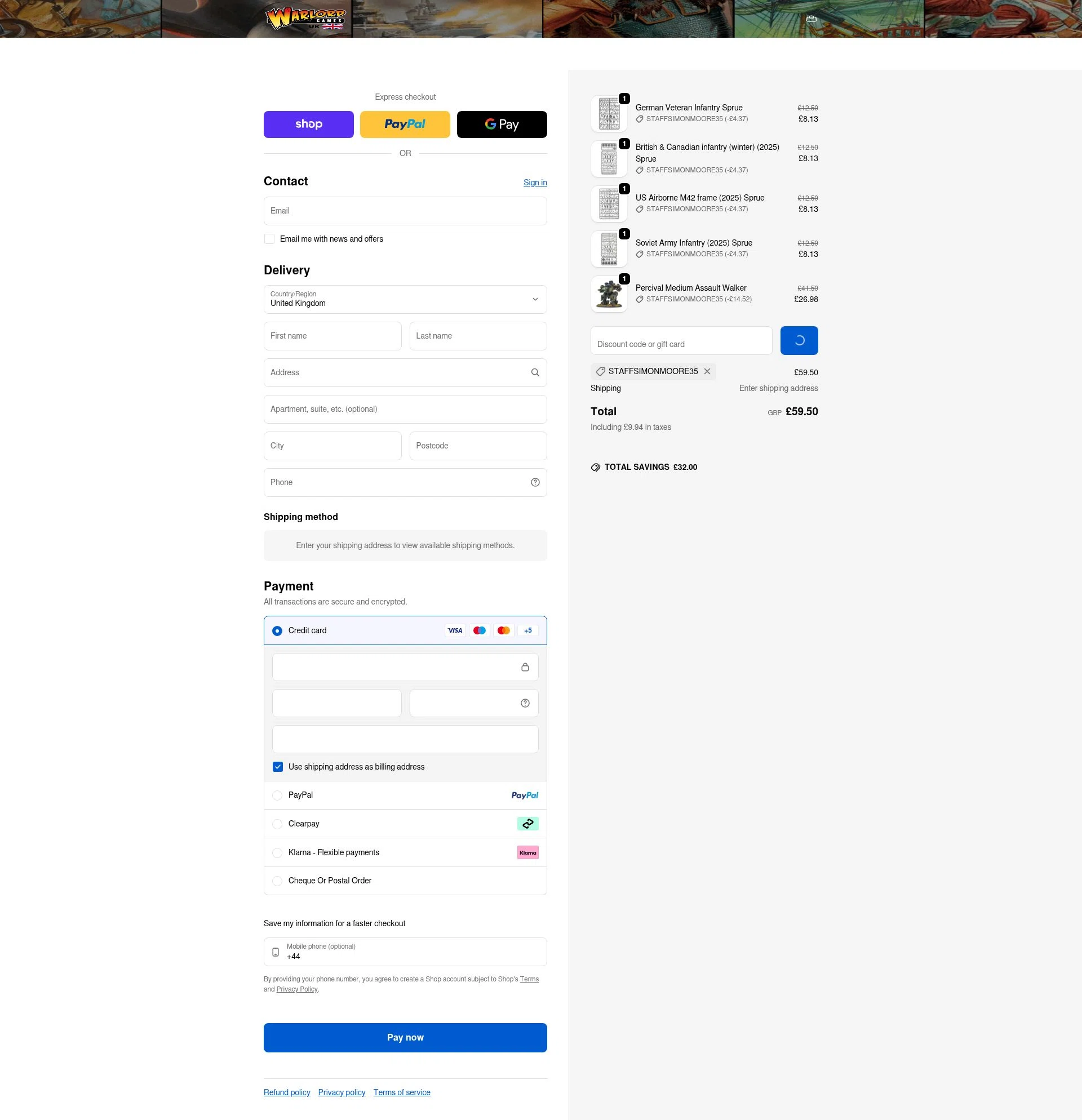 Warlord Games checkout page showing Warlord Games discount code box | Screenshot taken by SimplyCodes community member on Feb 2, 2026