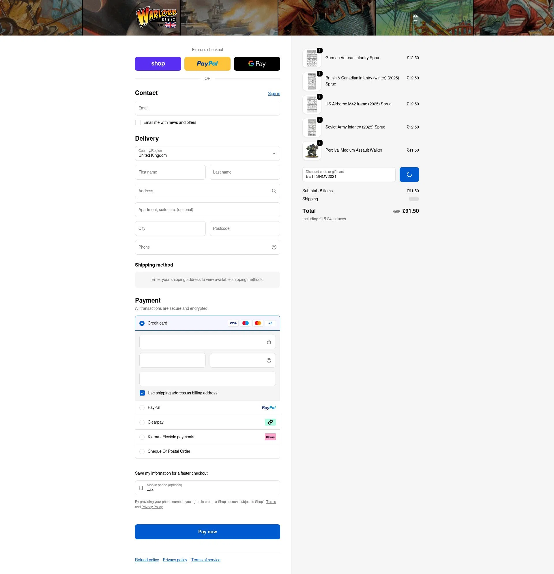 Warlord Games checkout page showing Warlord Games discount code box | Screenshot taken by SimplyCodes community member on Feb 7, 2026