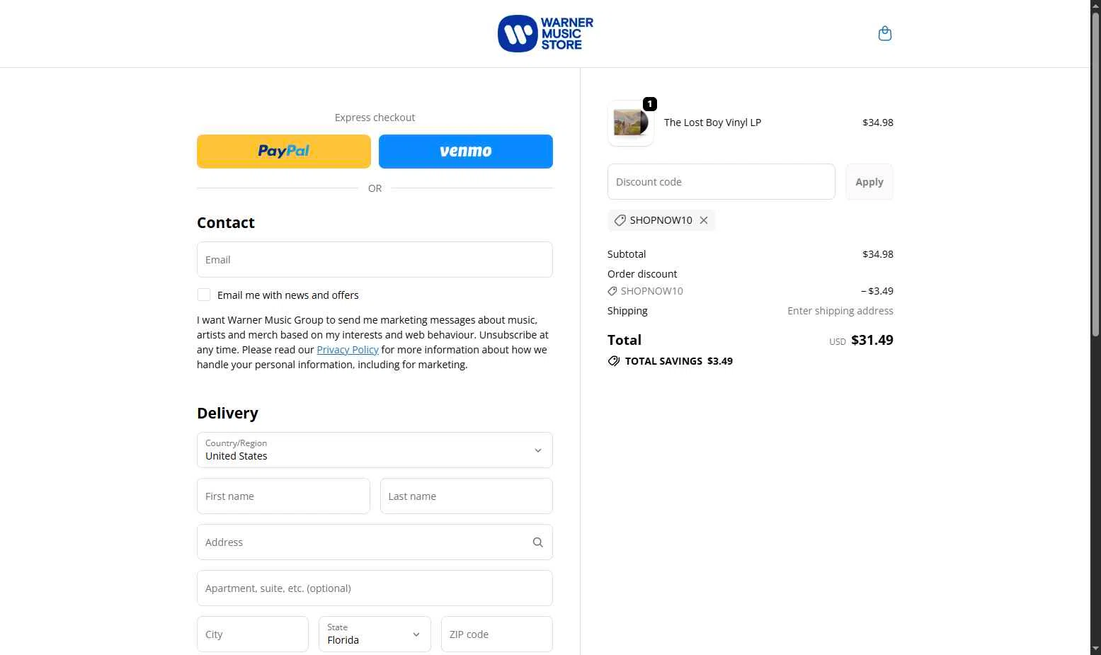 Warner Music Store checkout page showing Warner Music Store promo code box | Screenshot taken by SimplyCodes community member on Nov 5, 2025