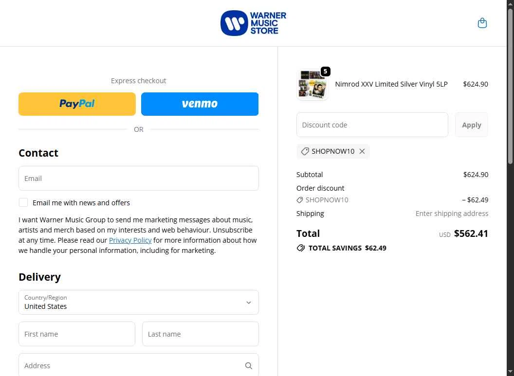 Warner Music Store checkout page showing Warner Music Store promo code box | Screenshot taken by SimplyCodes community member on Oct 6, 2025