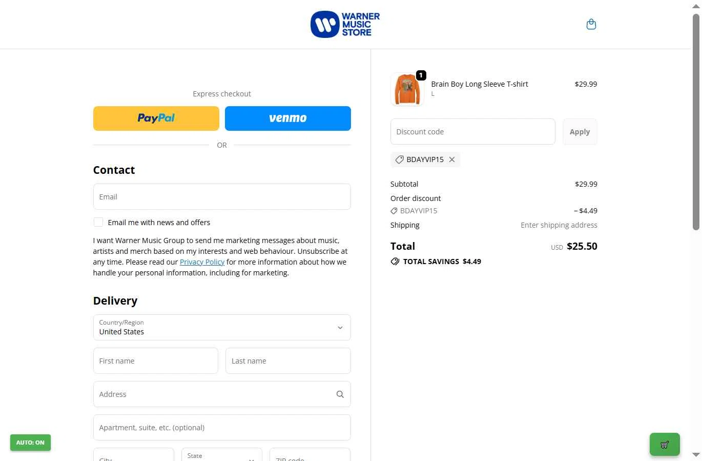 Warner Music Store checkout page showing Warner Music Store promo code box | Screenshot taken by SimplyCodes community member on Dec 22, 2025