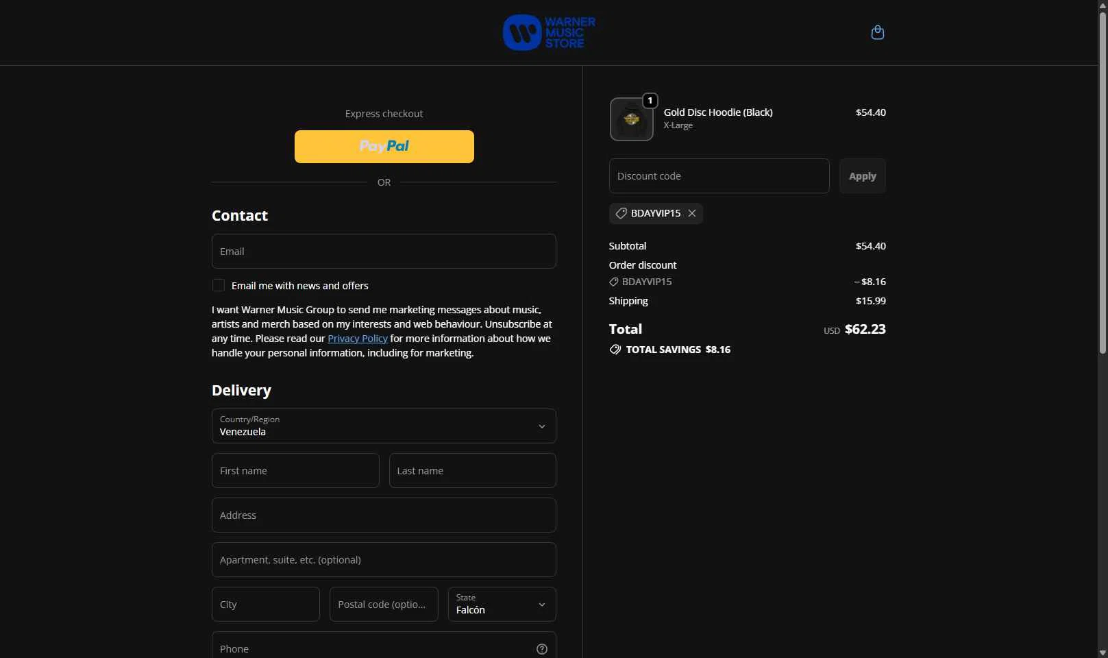 Warner Music Store checkout page showing Warner Music Store promo code box | Screenshot taken by SimplyCodes community member on Oct 3, 2025