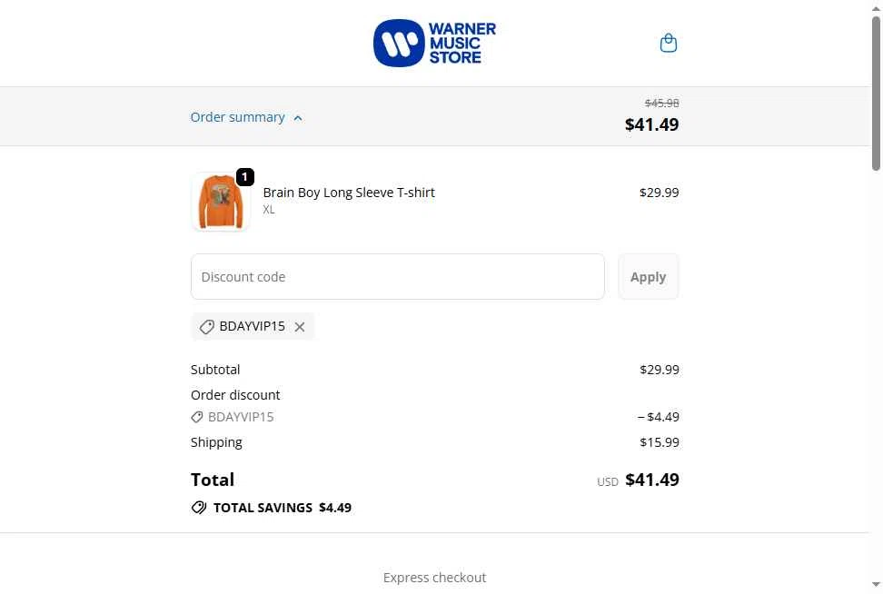 Warner Music Store checkout page showing Warner Music Store promo code box | Screenshot taken by SimplyCodes community member on Jan 20, 2026