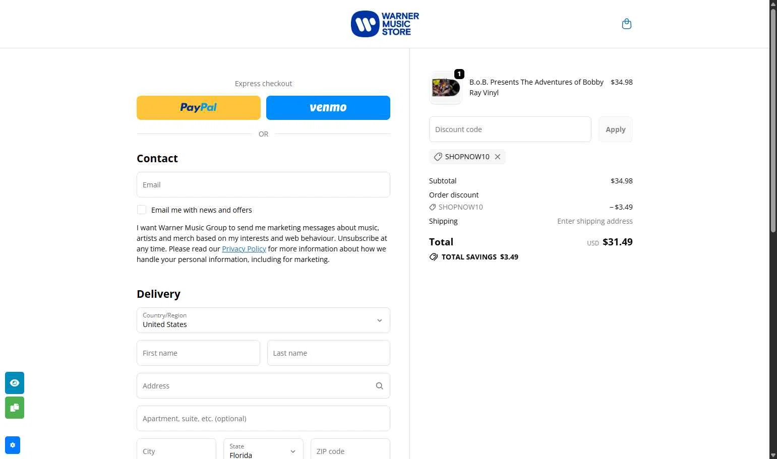 Warner Music Store checkout page showing Warner Music Store promo code box | Screenshot taken by SimplyCodes community member on Dec 3, 2025