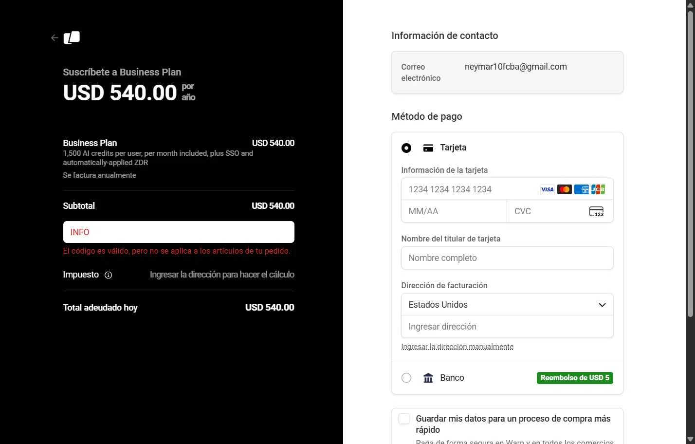 Warp checkout page showing Warp promo code box | Screenshot taken by SimplyCodes community member on Jan 24, 2026