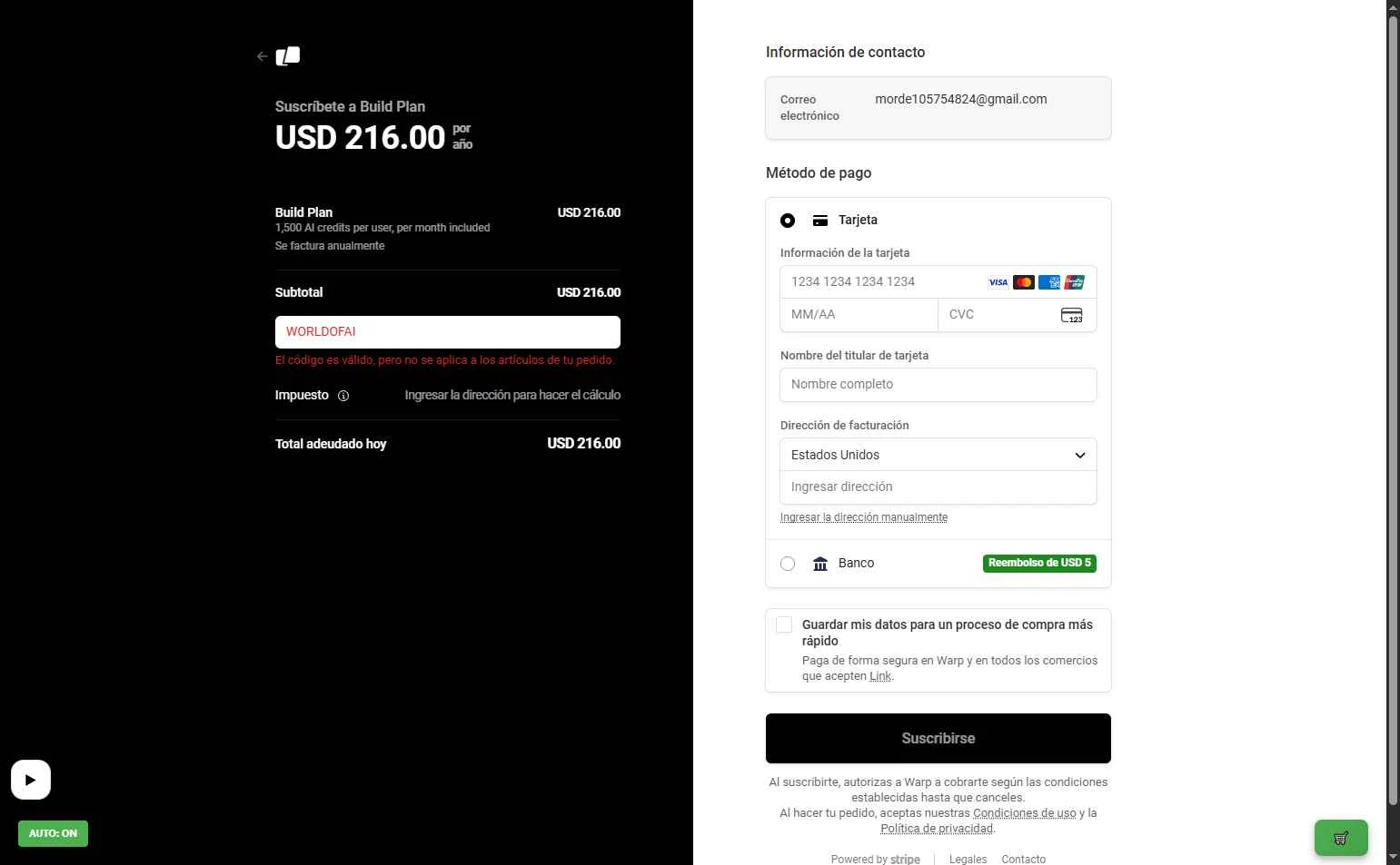 Warp checkout page showing Warp promo code box | Screenshot taken by SimplyCodes community member on Jan 25, 2026