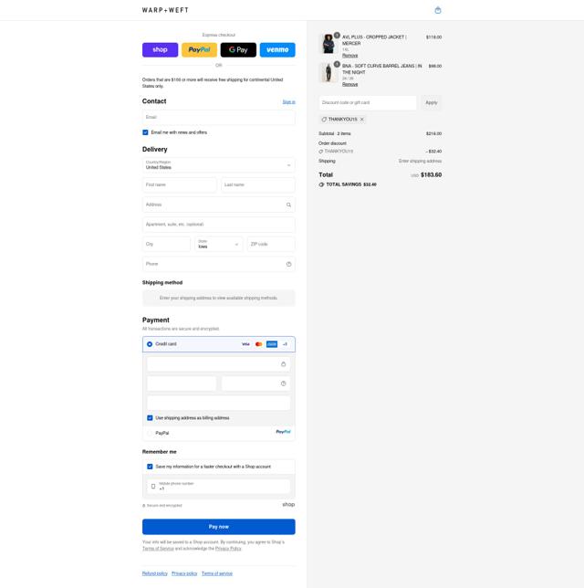 Warp + Weft checkout page showing Warp + Weft promo code box | Screenshot taken by SimplyCodes community member on Sep 12, 2025