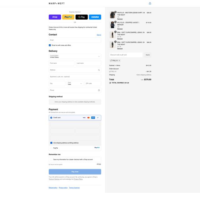 Warp + Weft checkout page showing Warp + Weft promo code box | Screenshot taken by SimplyCodes community member on Sep 12, 2025