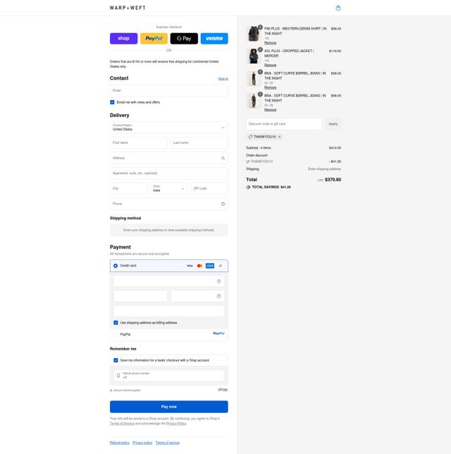 Warp + Weft checkout page showing Warp + Weft promo code box | Screenshot taken by SimplyCodes community member on Sep 12, 2025