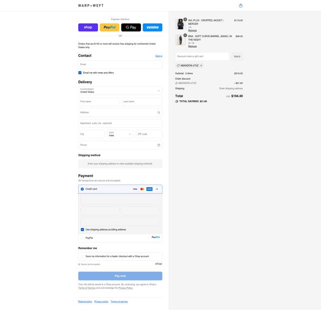 Warp + Weft checkout page showing Warp + Weft promo code box | Screenshot taken by SimplyCodes community member on Sep 12, 2025