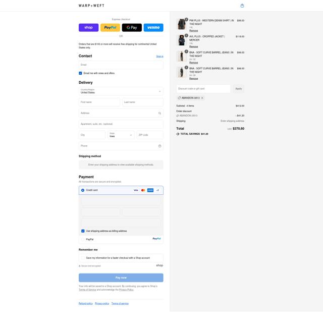 Warp + Weft checkout page showing Warp + Weft promo code box | Screenshot taken by SimplyCodes community member on Sep 12, 2025