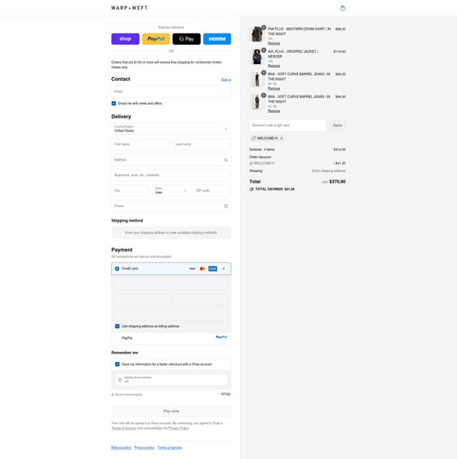 Warp + Weft checkout page showing Warp + Weft promo code box | Screenshot taken by SimplyCodes community member on Sep 12, 2025