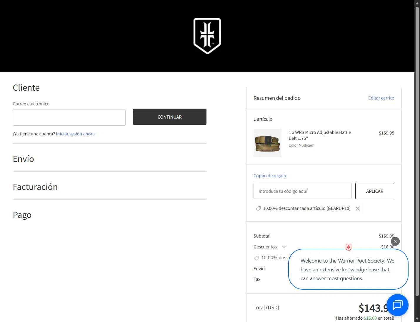 Warrior Poet Supply Co checkout page showing Warrior Poet Supply Co coupon code box | Screenshot taken by SimplyCodes community member on Jan 4, 2026