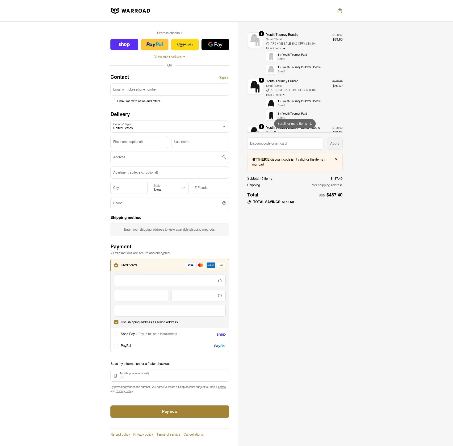Warroad checkout page showing Warroad discount code box | Screenshot taken by SimplyCodes community member on Feb 9, 2026