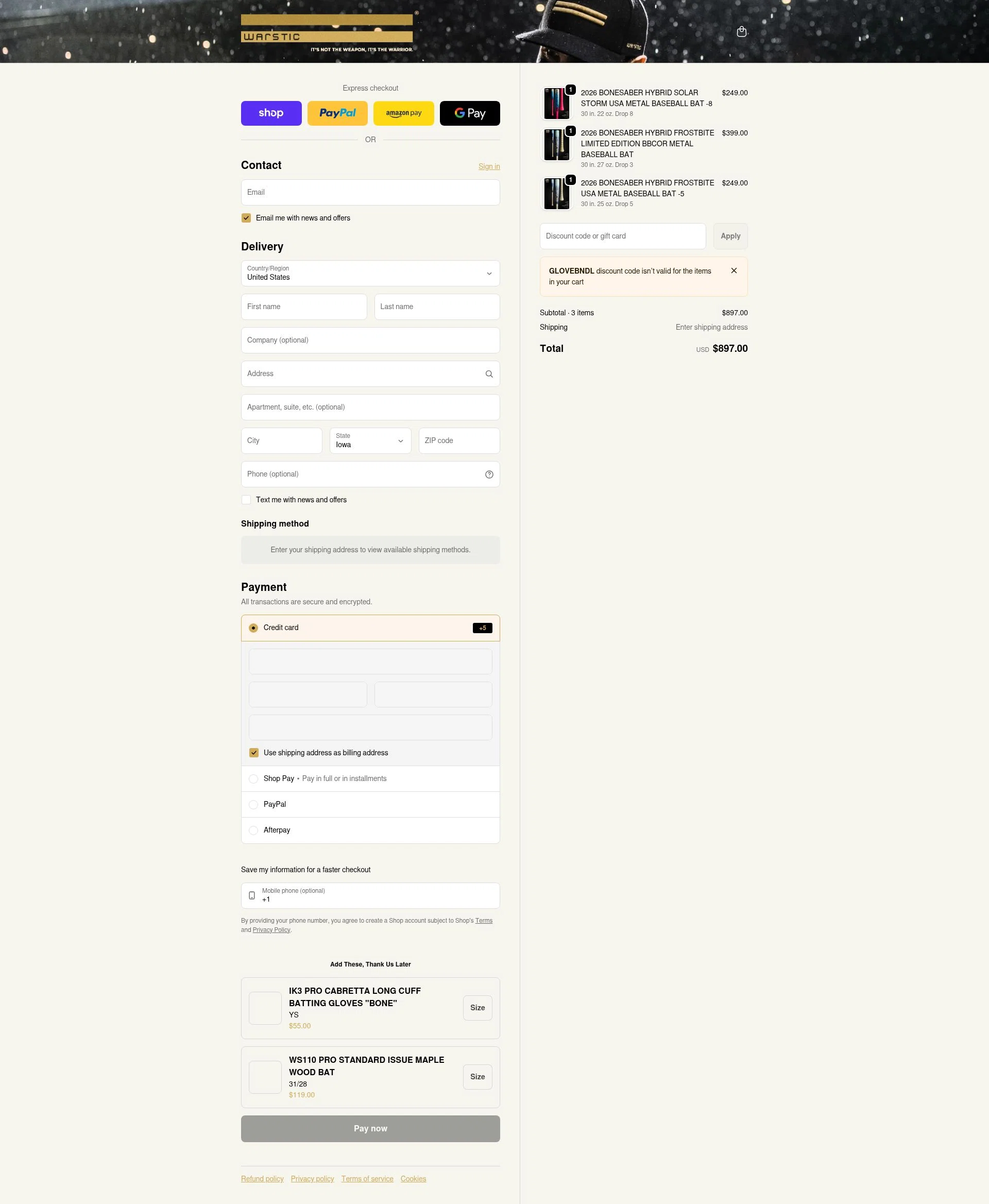 Warstic checkout page showing Warstic discount code box | Screenshot taken by SimplyCodes community member on Feb 10, 2026