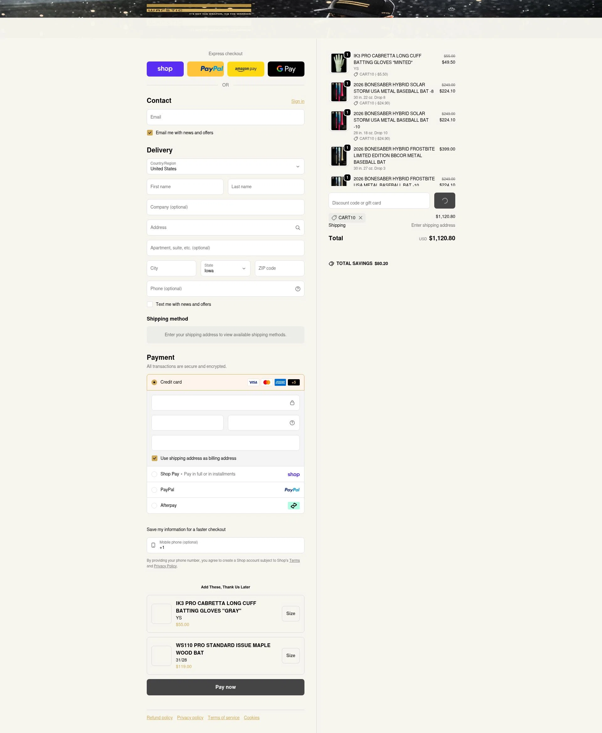 Warstic checkout page showing Warstic discount code box | Screenshot taken by SimplyCodes community member on Feb 13, 2026