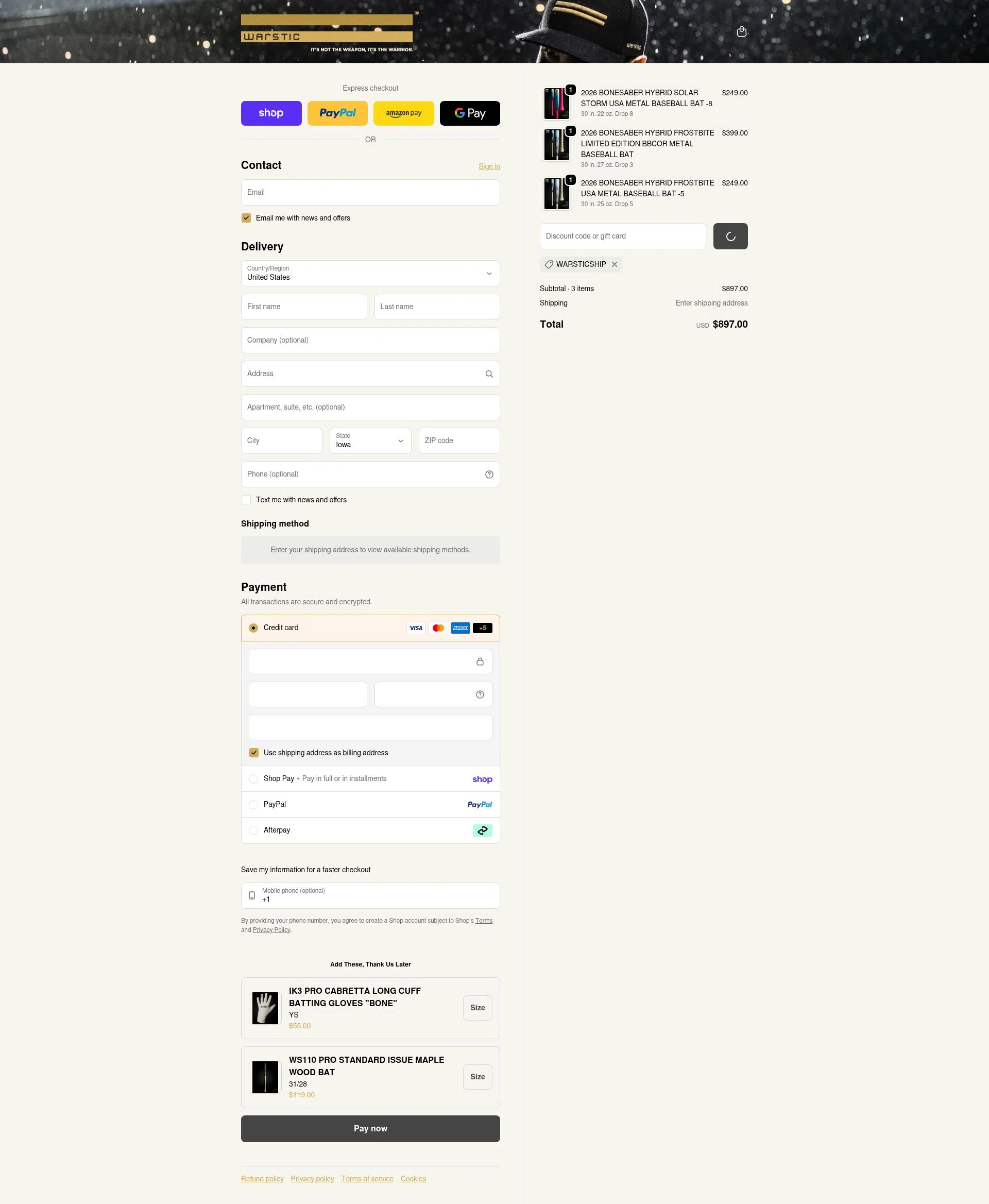 Warstic checkout page showing Warstic discount code box | Screenshot taken by SimplyCodes community member on Feb 10, 2026