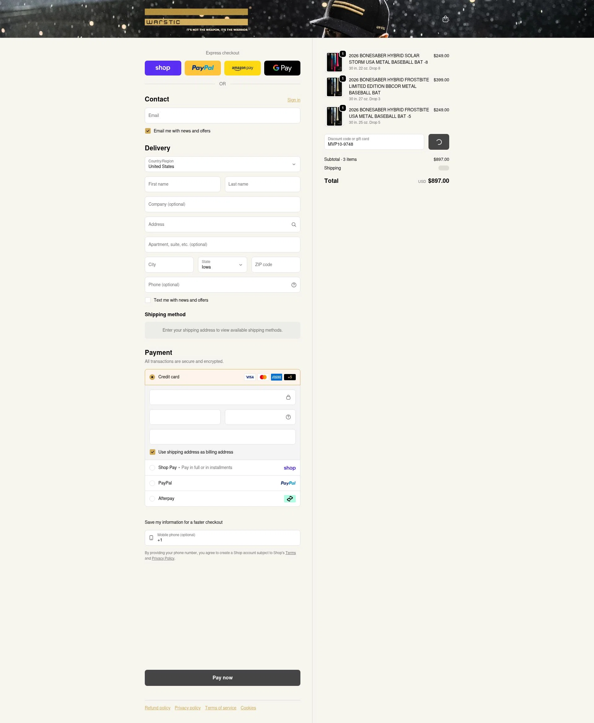 Warstic checkout page showing Warstic discount code box | Screenshot taken by SimplyCodes community member on Feb 10, 2026