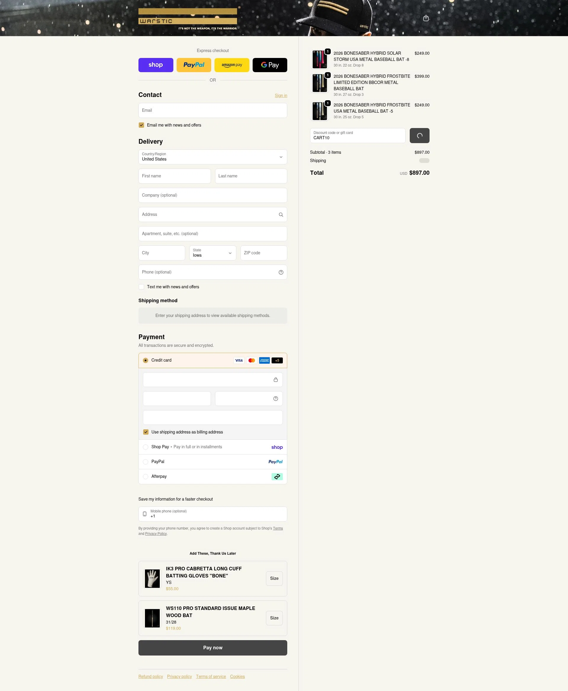 Warstic checkout page showing Warstic discount code box | Screenshot taken by SimplyCodes community member on Feb 10, 2026
