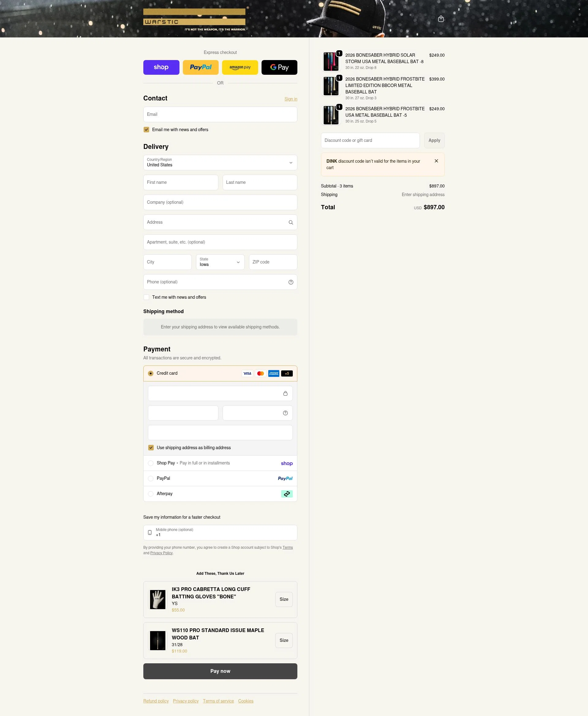 Warstic checkout page showing Warstic discount code box | Screenshot taken by SimplyCodes community member on Feb 10, 2026