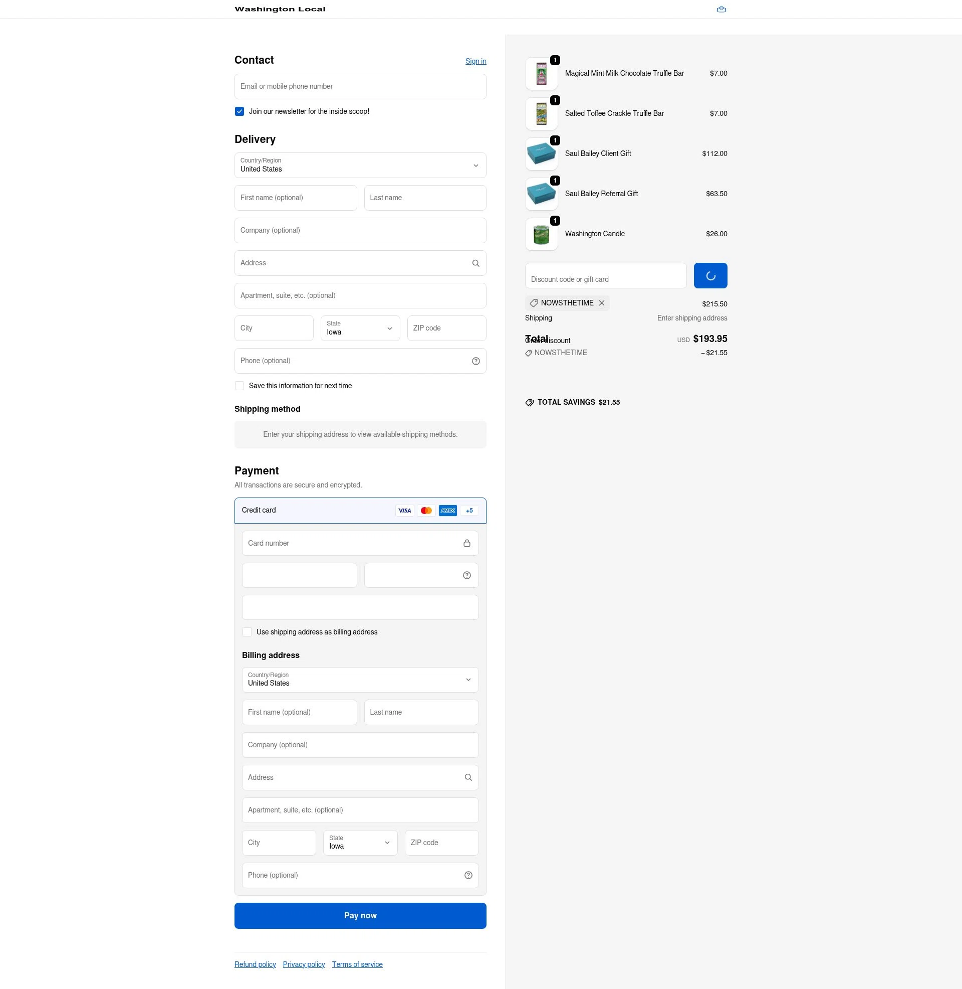 Washington Local checkout page showing Washington Local promo code box | Screenshot taken by SimplyCodes community member on Jan 5, 2026