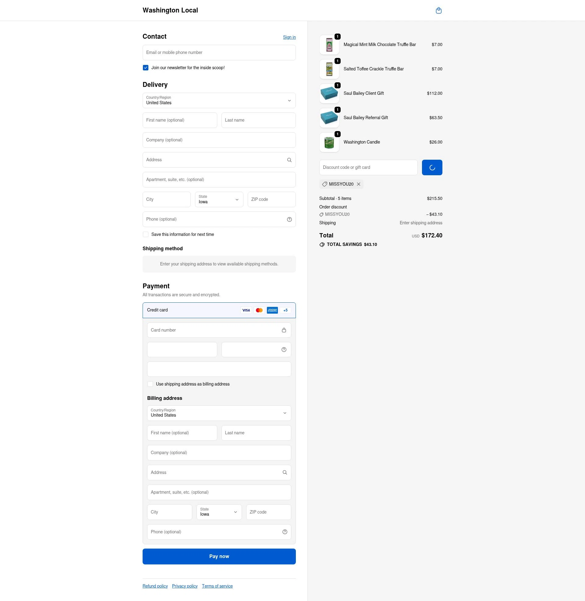Washington Local checkout page showing Washington Local promo code box | Screenshot taken by SimplyCodes community member on Jan 5, 2026