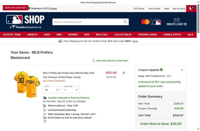Washington Nationals checkout page showing Washington Nationals promo code box | Screenshot taken by SimplyCodes community member on Sep 3, 2025