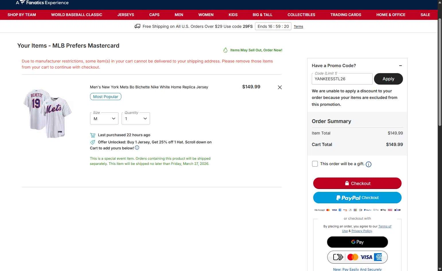 Washington Nationals checkout page showing Washington Nationals promo code box | Screenshot taken by SimplyCodes community member on Feb 12, 2026