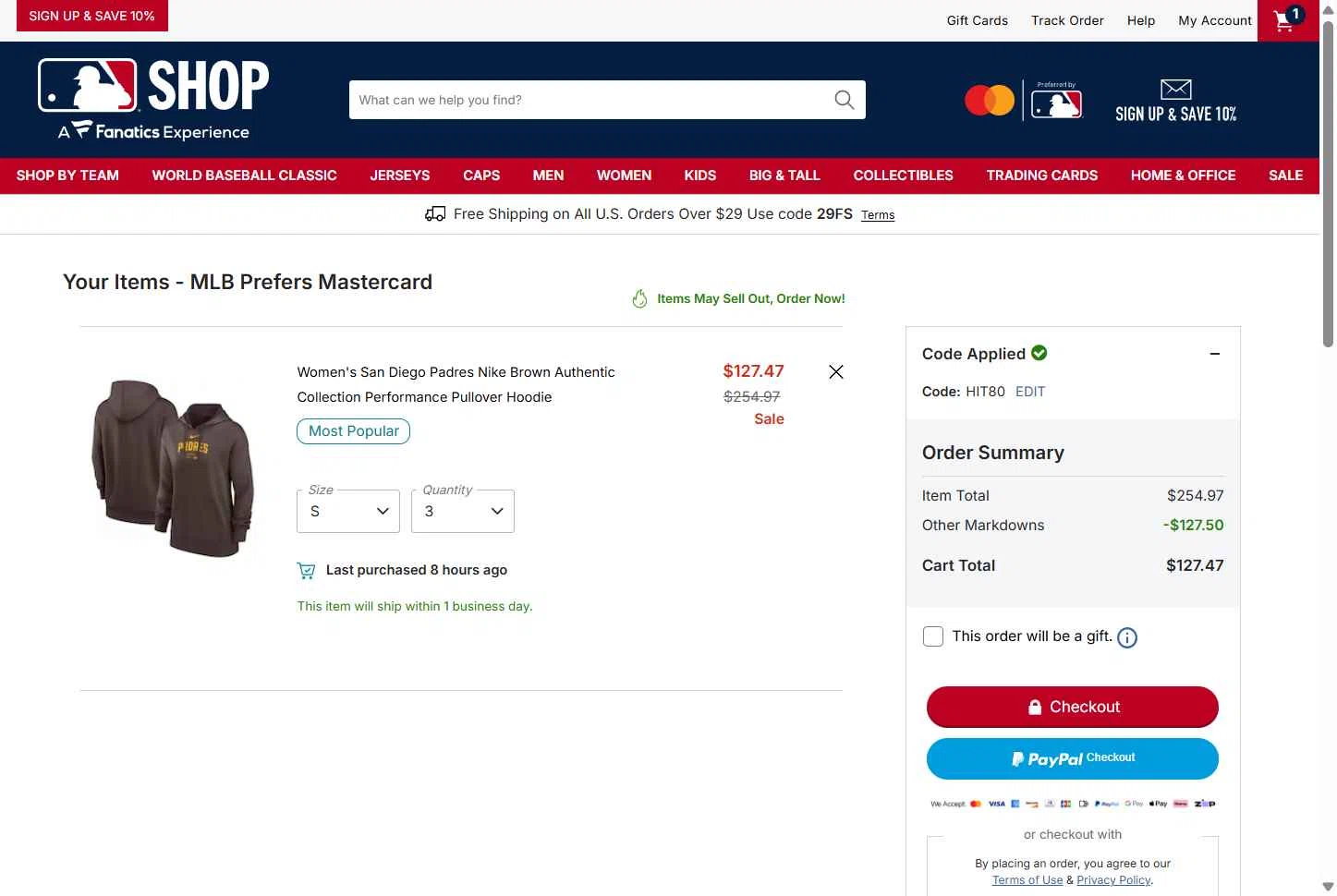 Washington Nationals checkout page showing Washington Nationals promo code box | Screenshot taken by SimplyCodes community member on Jan 19, 2026
