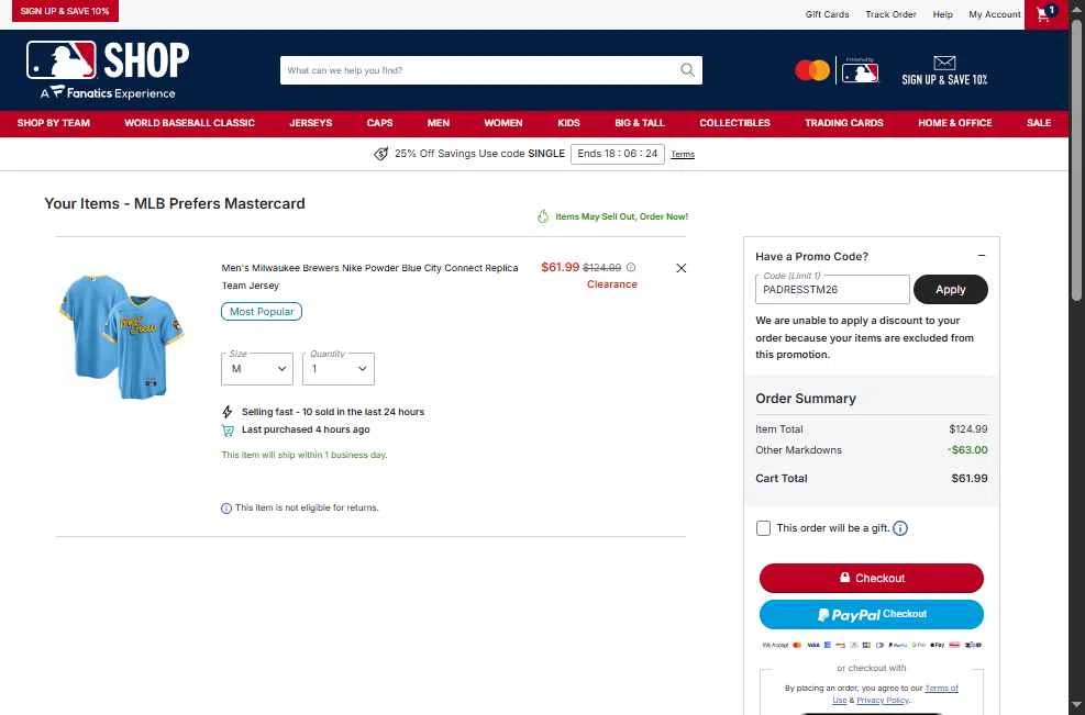 Washington Nationals checkout page showing Washington Nationals promo code box | Screenshot taken by SimplyCodes community member on Feb 24, 2026