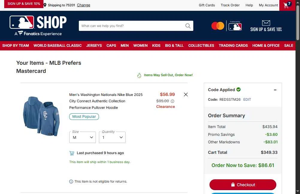 Washington Nationals checkout page showing Washington Nationals promo code box | Screenshot taken by SimplyCodes community member on Feb 12, 2026