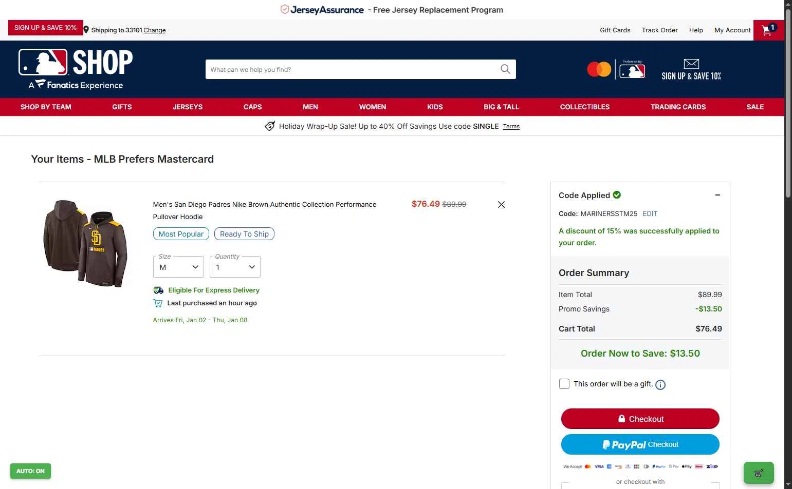 Washington Nationals checkout page showing Washington Nationals promo code box | Screenshot taken by SimplyCodes community member on Dec 27, 2025