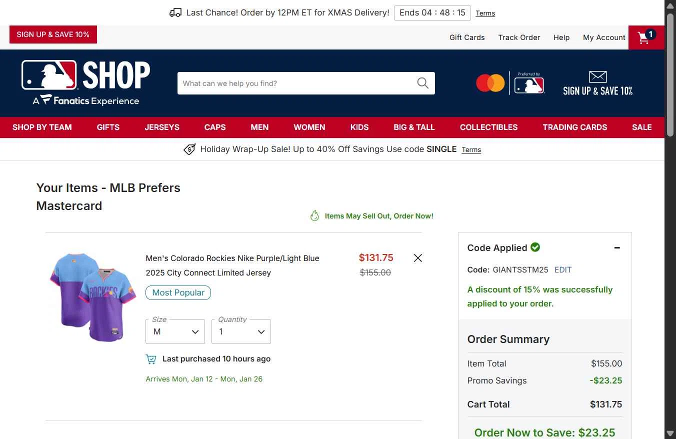 Washington Nationals checkout page showing Washington Nationals promo code box | Screenshot taken by SimplyCodes community member on Dec 22, 2025