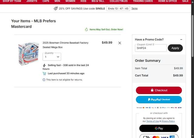 Washington Nationals checkout page showing Washington Nationals promo code box | Screenshot taken by SimplyCodes community member on Oct 6, 2025