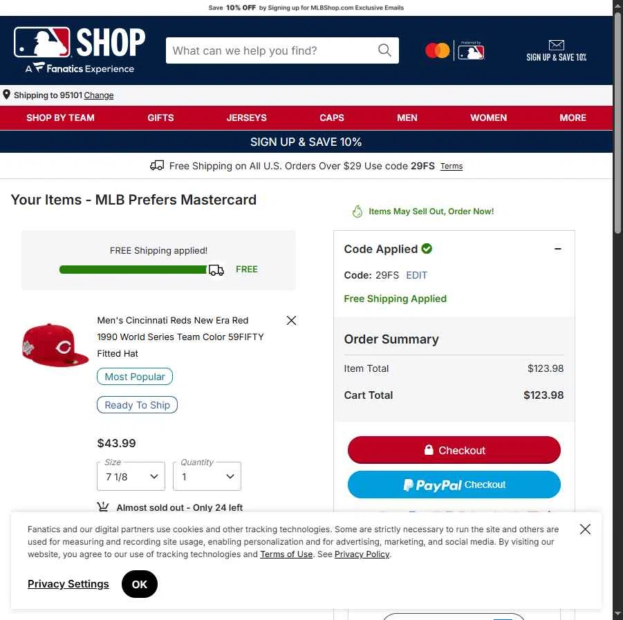 Washington Nationals checkout page showing Washington Nationals promo code box | Screenshot taken by SimplyCodes community member on Jan 1, 2026