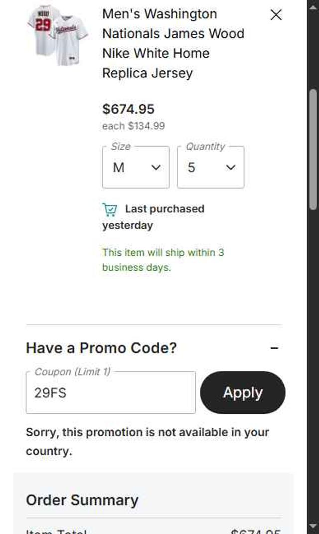 Washington Nationals checkout page showing Washington Nationals promo code box | Screenshot taken by SimplyCodes community member on Oct 3, 2025