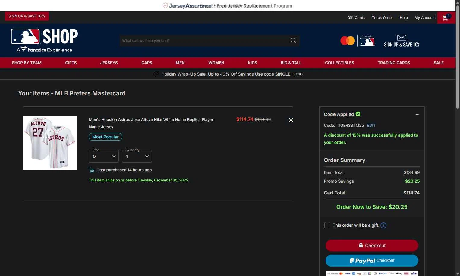 Washington Nationals checkout page showing Washington Nationals promo code box | Screenshot taken by SimplyCodes community member on Dec 26, 2025