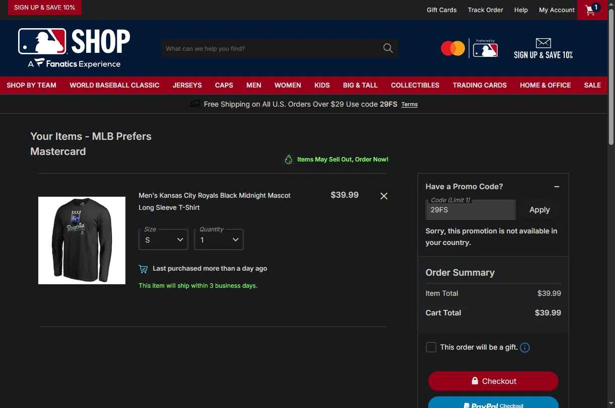 Washington Nationals checkout page showing Washington Nationals promo code box | Screenshot taken by SimplyCodes community member on Jan 25, 2026