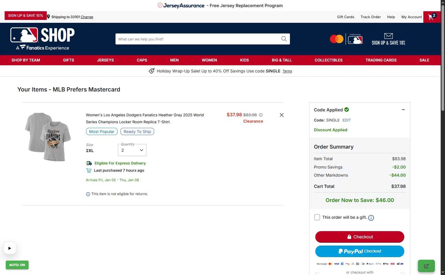 Washington Nationals checkout page showing Washington Nationals promo code box | Screenshot taken by SimplyCodes community member on Dec 28, 2025