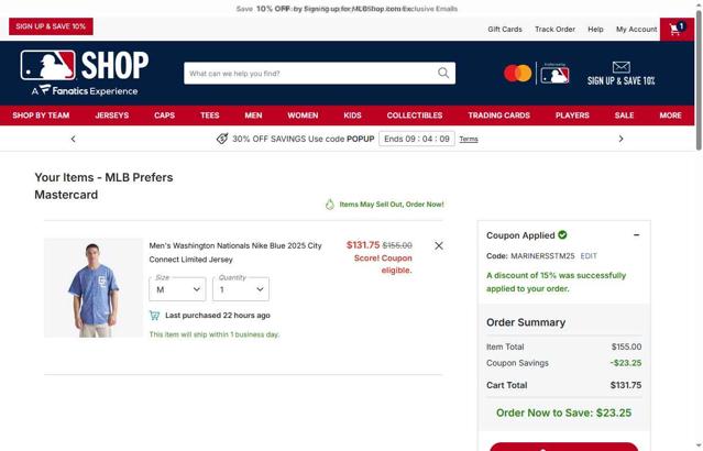 Washington Nationals checkout page showing Washington Nationals promo code box | Screenshot taken by SimplyCodes community member on Oct 3, 2025
