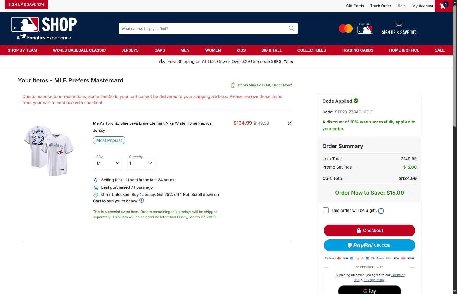 Washington Nationals checkout page showing Washington Nationals promo code box | Screenshot taken by SimplyCodes community member on Feb 16, 2026
