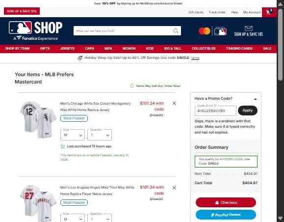 Washington Nationals checkout page showing Washington Nationals promo code box | Screenshot taken by SimplyCodes community member on Dec 27, 2025